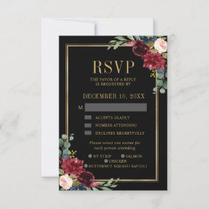 Burgundy Floral Gold Frame Navy Blue Wedding RSVP  Card