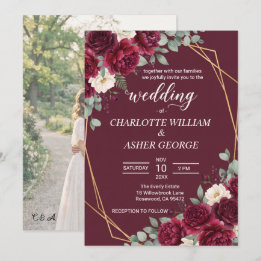 Burgundy Floral Gold Frame Photo Wedding Invitatio Invitation