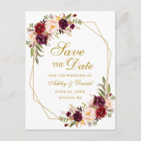 Burgundy Floral Gold Frame Save the Date