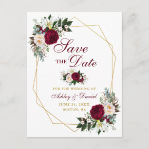 Burgundy Floral Gold Frame Save The Date Announcement Postcard