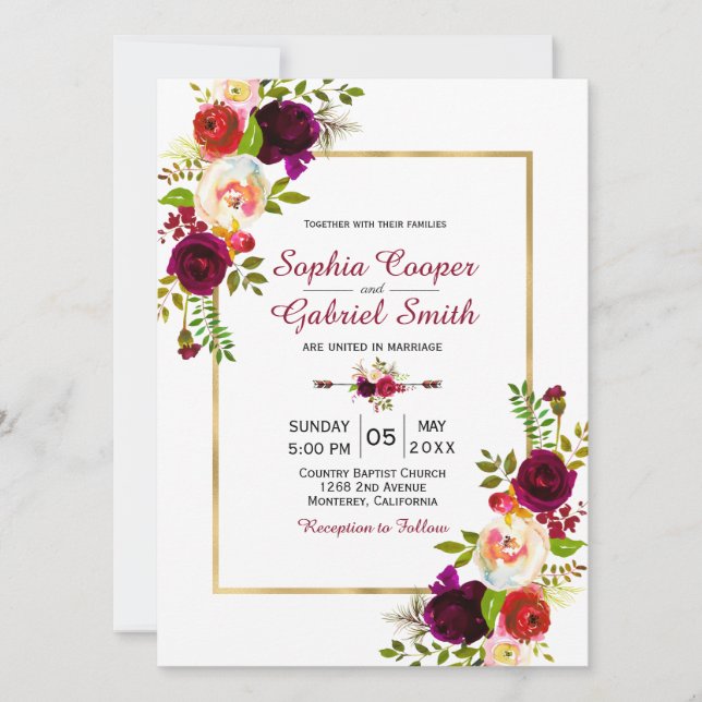 Burgundy Floral Gold Frame Wedding Invitation (Front)