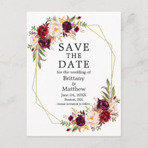 Burgundy Floral Gold Geo Frame Save the Date Postcard