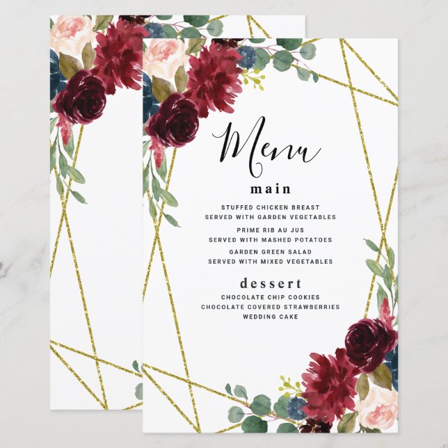 Burgundy Floral Gold Geometric Greenery Menu Cards (Front/Back)