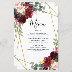 Burgundy Floral Gold Geometric Greenery Menu Cards