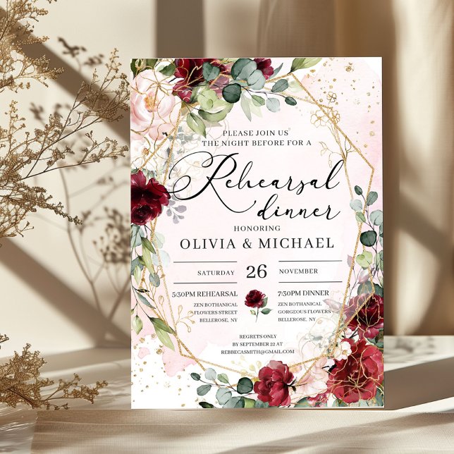 Burgundy floral gold geometric rehearsal dinner invitation (Watercolor blush and burgundy roses eucalyptus and gold frame wedding rehearsal dinner invitation)