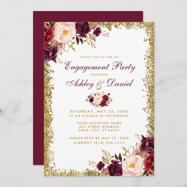Burgundy Floral Gold Glitter Engagement Invite (Front/Back)