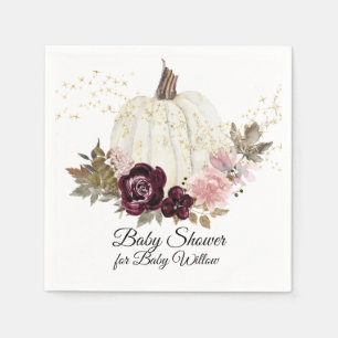 Burgundy Floral Gold Glitter Pumpkin Baby Shower Napkin