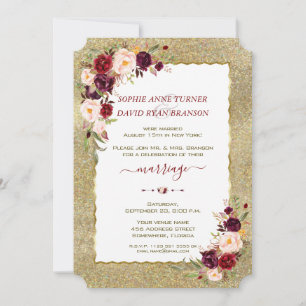 Burgundy Floral Gold Glitter Wedding Evening Invitation