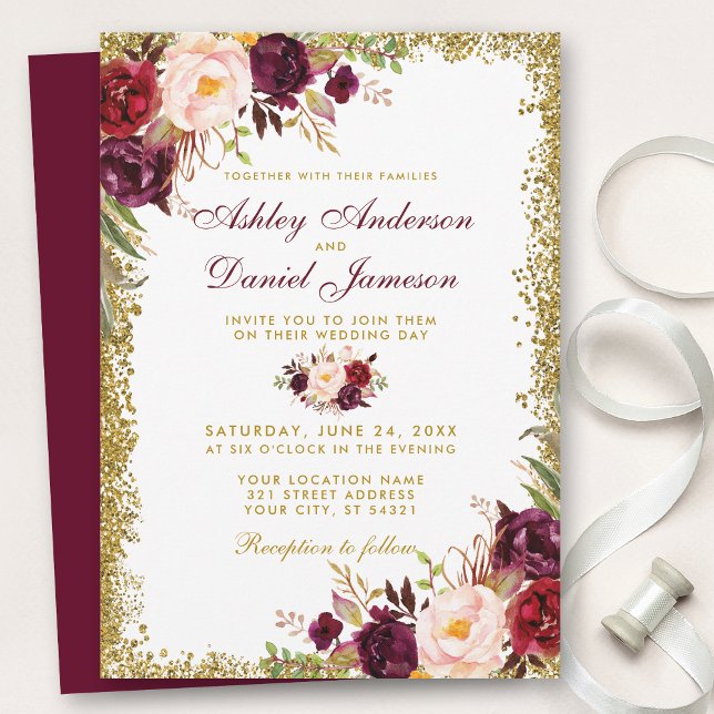 Burgundy Floral Gold Glitter Wedding Invitation B (Customize to change text color, style, add text & photos to back or change color of back of card.)