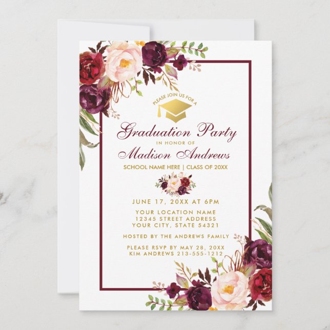 Burgundy Floral Gold Graduation Party Invitation (Front)