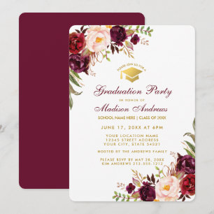 Burgundy Floral Gold Graduation Party Invite BR