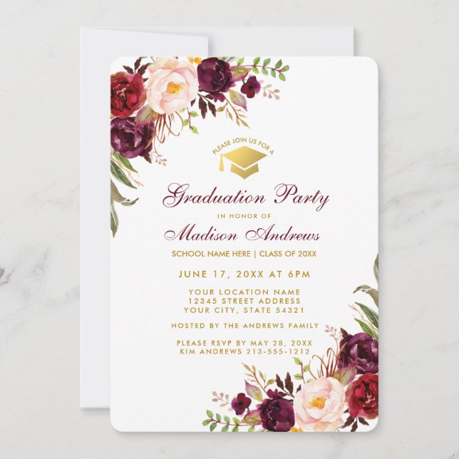 Burgundy Floral Gold Graduation Party Invite RB (Front)