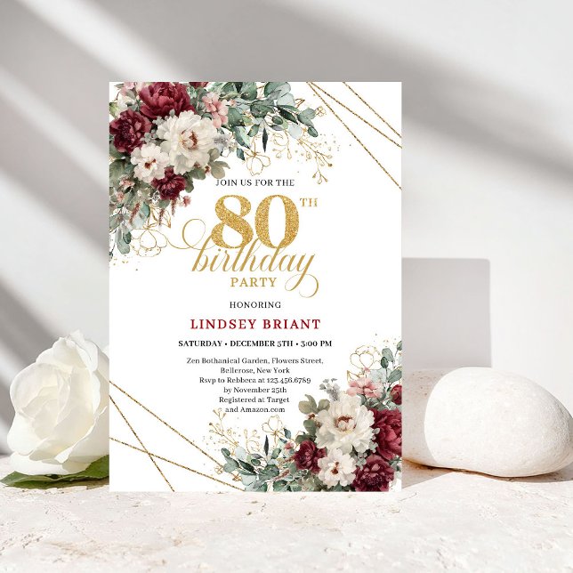 Burgundy Floral Gold Greenery 80th Birthday Invitation (Burgundy Floral Gold Greenery 80th Birthday)