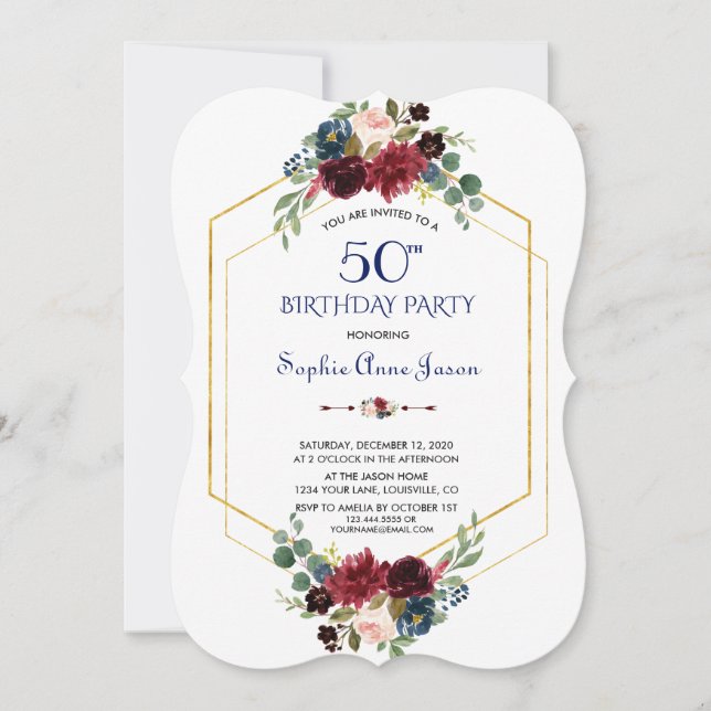 Burgundy Floral Gold Hexagon Frame 50th Birthday Invitation (Front)