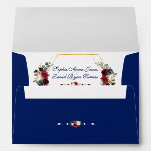 Burgundy Floral Gold Hexagon Frame Wedding Envelope