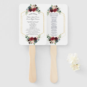 Burgundy Floral Gold Hexagon Frame Wedding Program Hand Fan