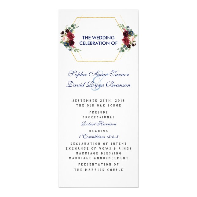 Burgundy Floral Gold Hexagon Frame Wedding Program Rack Card (Front)