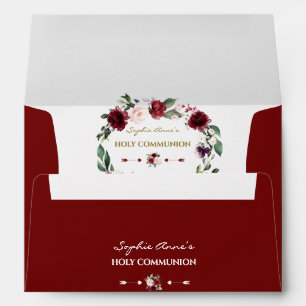Burgundy Floral Gold Holy Communion Return Address Envelope