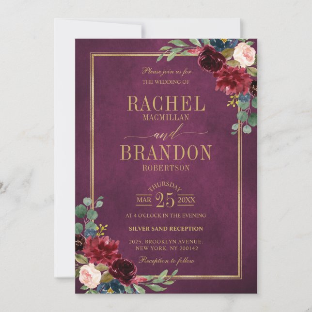 Burgundy Floral Gold Marsala Pink Rustic Wedding Invitation (Front)