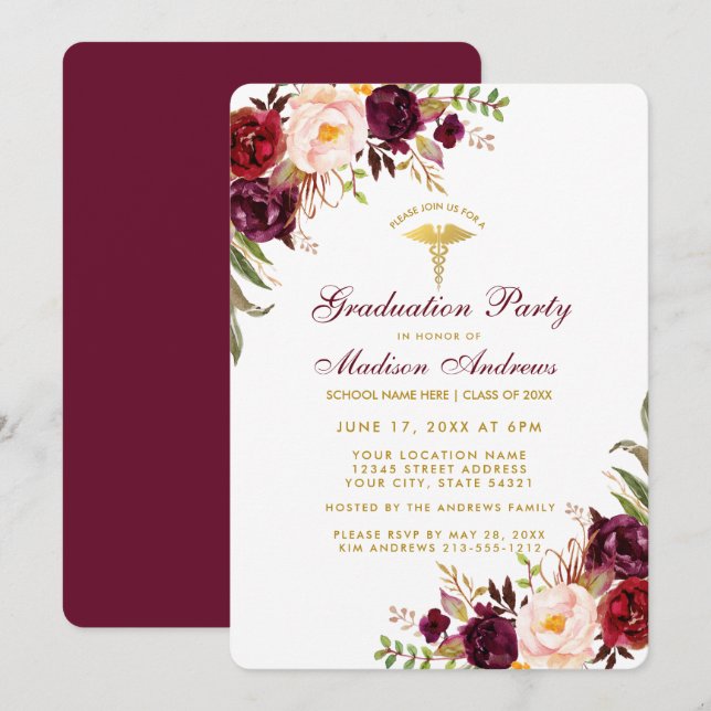 Burgundy Floral Gold Medical Grad Party Invite (Front/Back)