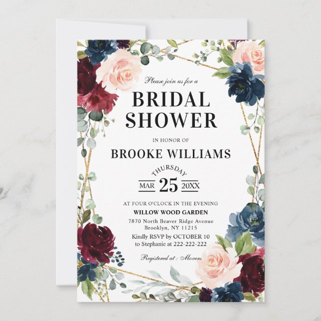 Burgundy Floral Gold Navy Blue Bridal Shower Invitation (Front)