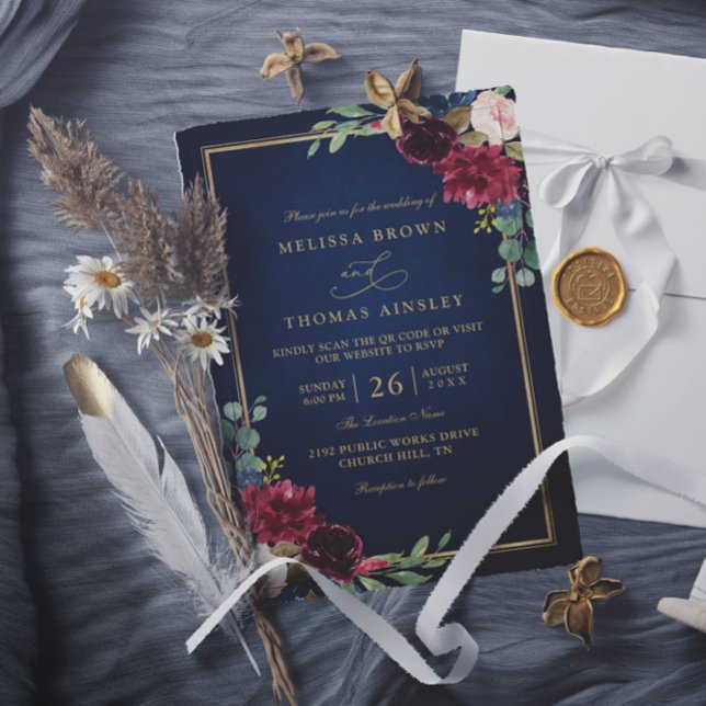 Burgundy Floral Gold Navy Blue QR Code Wedding Invitation (Creator Uploaded)