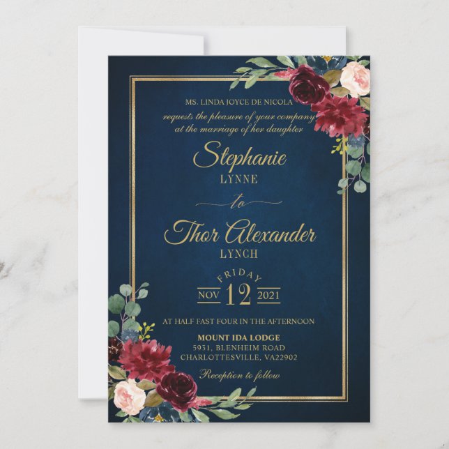 Burgundy Floral Gold Navy Blue Rustic Wedding Invi Invitation (Front)