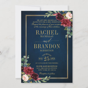 Burgundy Floral Gold Navy Blue Rustic Wedding Invi Invitation