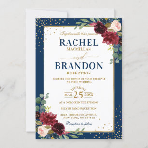 Burgundy Floral Gold Navy Blue Rustic Wedding Invitation
