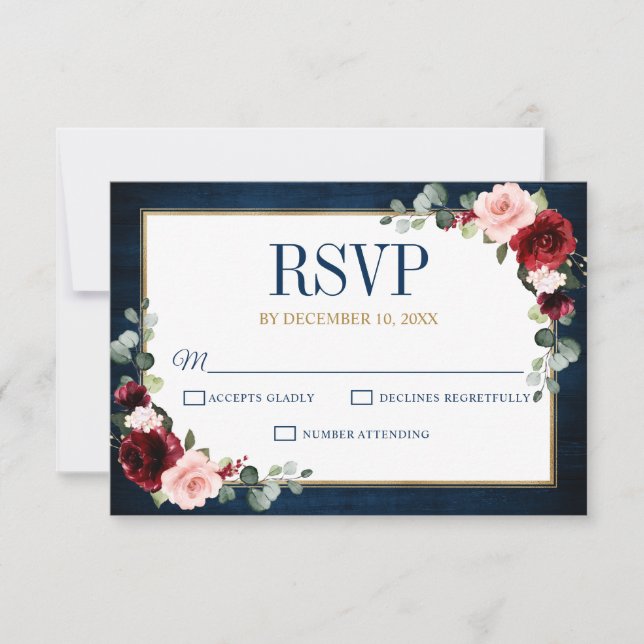 Burgundy Floral Gold Navy Blue Rustic Wedding RSVP (Front)