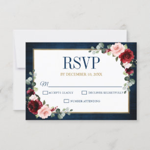 Burgundy Floral Gold Navy Blue Rustic Wedding RSVP