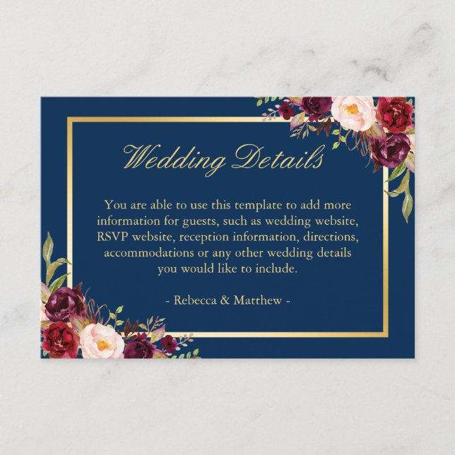 Burgundy Floral Gold Navy Blue Wedding Details Enclosure Card (Front)