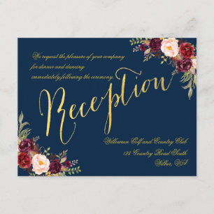 Burgundy Floral Gold Navy Blue Wedding Reception Enclosure Card