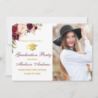 Burgundy Floral Gold Photo Graduation Party Invite