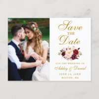 Burgundy Floral Gold Photo Save The Date