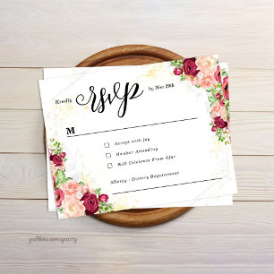 Burgundy Floral Gold Polygonal Geometric Wedding RSVP Card