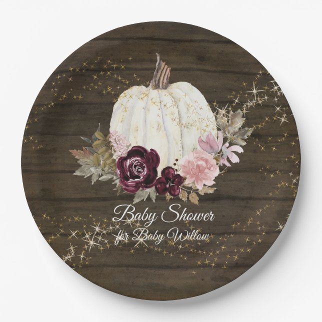 Burgundy Floral Gold Pumpkin Rustic Baby Shower Paper Plate (Front)