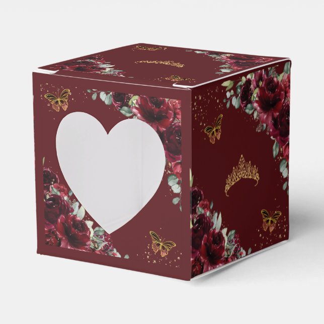 Burgundy Floral Gold Quinceanera 15 16 XV Mini Favour Box (Front Side)