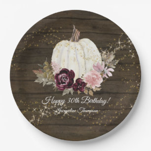 Burgundy Floral Gold Rustic Pumpkin 30th Birthday Paper Plate