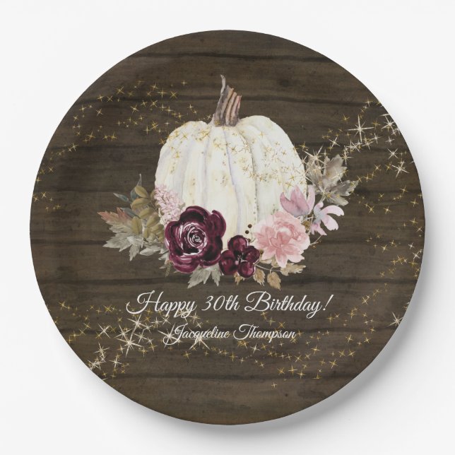 Burgundy Floral Gold Rustic Pumpkin 30th Birthday Paper Plate (Front)