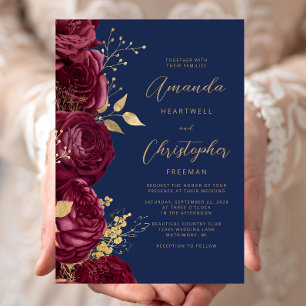Burgundy Floral Gold Script Navy Blue Wedding Invitation