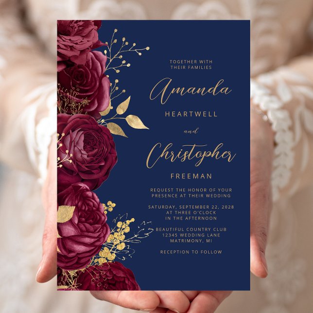 Burgundy Floral Gold Script Navy Blue Wedding Invitation (Creator Uploaded)
