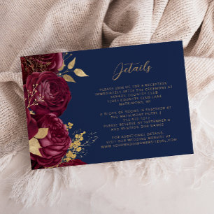 Burgundy Floral Gold Script Navy Wedding Details  Enclosure Card