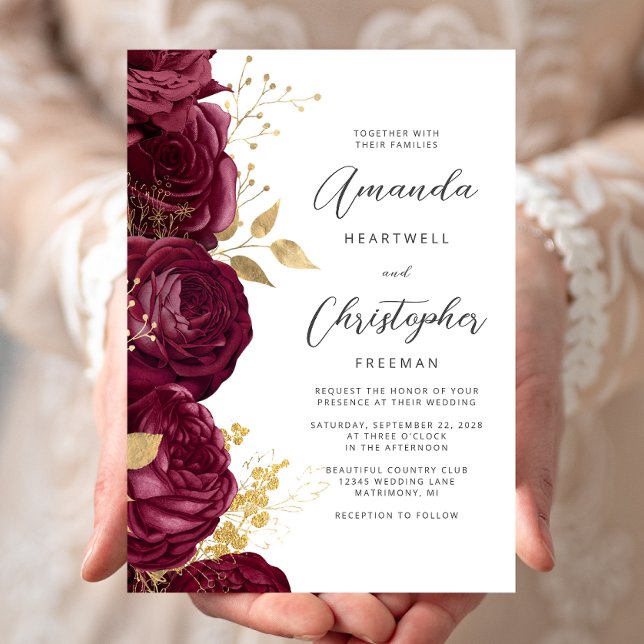 Burgundy Floral Gold Script Wedding Invitation (Creator Uploaded)