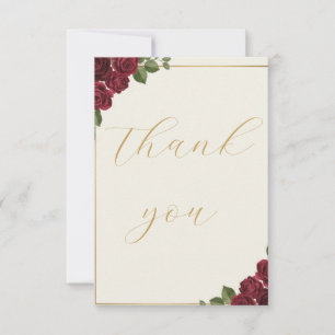 Burgundy Floral Gold Script Wedding Thank You Card