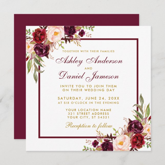 Burgundy Floral Gold Wedding Invite Card B (Front/Back)
