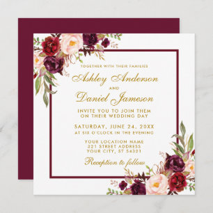 Burgundy Floral Gold Wedding Invite Card G