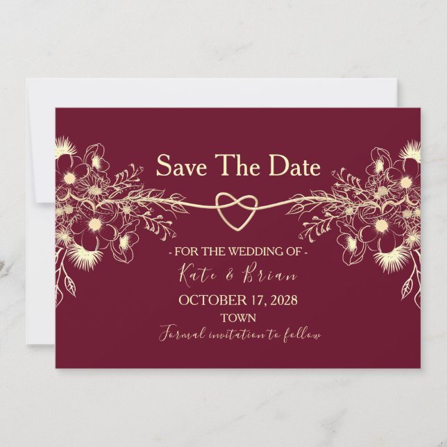 Burgundy Floral Gold Wedding Save The Date (Front)