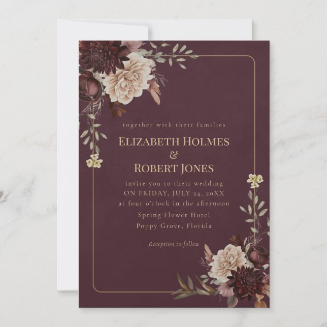 Burgundy Floral Gothic Wedding Invitation (Front)
