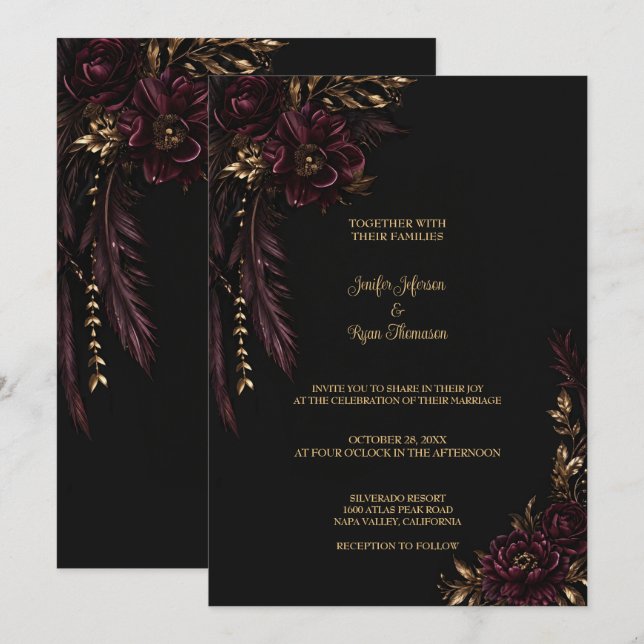 Burgundy floral Gothic Wedding Invitation (Front/Back)